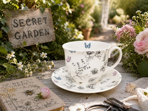 Secret garden cup saucer - garden, bone