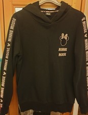 Ladies Black Hooded Sweatshirt w/ Pink Minnie Mouse Logo on Front & Sleeves UK S