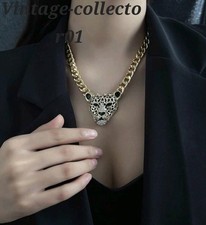 Gold Tone Rhinestones Chunky Jaguar Leopard Puma Big Cat Animal Jungle Necklace