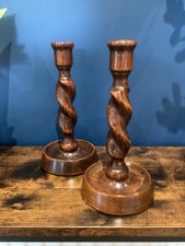 Vintage Pair of Solid Dark Varnished Oak Barley Twist Candle Sticks MCM 