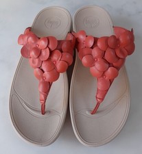 FITFLOP FLEUR SIZE 7/41 ORANGE/CORAL LEATHER FLIP FLOPS FLOWERS VGC FREE P&P...
