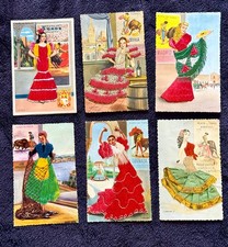 6 x Very Ornate Antique / Vintage Embroidered Silk Spanish Postcards