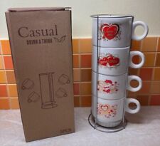 SET OF 4 MUGS CERAMIC STACKABLE MUGS AND STAND DRINKING CUP TEA COFFEE STACK MUG