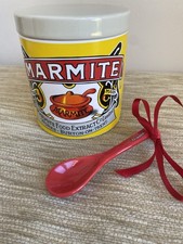 Yellow Ceramic Lidded Marmite Collectible Storage Jar With Red Ceramic Spoon