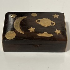 Vintage Wooden Pocket Snuff Box with Brass Inlay Moon Planets Stars Brass Ends