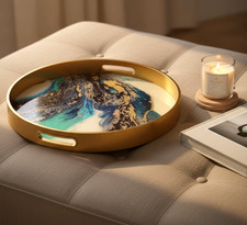 Round Gold Coffee Table Tray Agate Theme Serving Drinks Candle Display Décor
