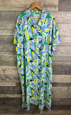 Carole Hochman Maxi Kaftan Dress Size 3XL Green Floral Button Up QVC Holiday