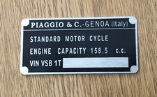 DATA PLATE FITS TO VINTAGE CLASSIC PIAGGIO VESPA GS 160   Scooter