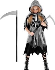 Girls Grim Reaper Halloween Costume + Scythe Kids Scary Death Fancy Dress S - XL