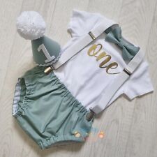Sage Green baby boys 1st birthday cake smash outfit