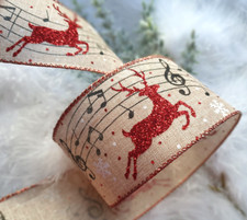 1m x 63mm Wired Christmas Ribbon Natural Beige Music & Red Glitter Reindeer