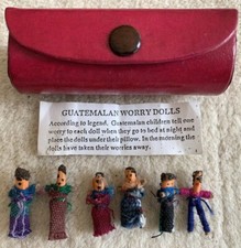 Vintage 1980s Tiny Guatemalan Worry Dolls in Pink Leather Case with Mirror, VGC