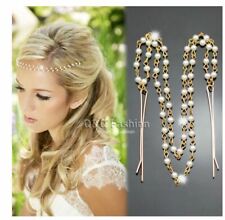 DECO 20's Flapper Gold Chain Bridal PEARL Goodess Festival Hair Clip Headband
