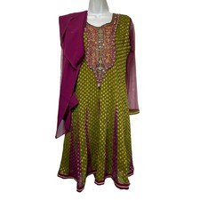Indian Pakistani anarkali churidar kurti green pink beaded embroidered net dress