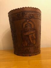 Vintage Foreign Faux Leather Embossed Waste Paper Bin. Scalloped Top and laced.