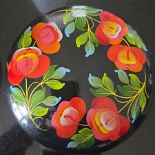 Vintage Russian Hand Painted Floral Lacquer Wood Round Lidded Box USSR Folk art 