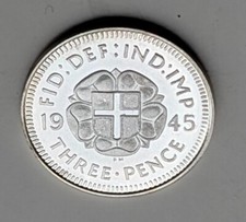 1945 SOLID SILVER Three pence Coin Old 3d Rare Royal Mint England Sterling Retro