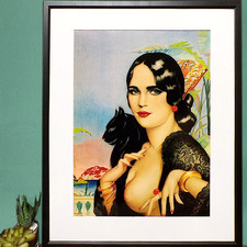 Art Deco Print Lady Cat Framed Alberto Vargas Portrait Woman Vintage Pin Up Girl