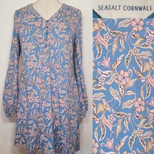 Seasalt Cornwall Peg Loom Tunic Top Blue Floral Long Sleeves Size 12