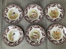 SPODE POTTERY WOODLAND BROWN SET X 6 DINNER PLATES LABRADOR SPANIEL FISH NEW