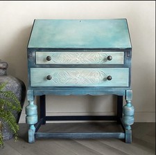 Vintage Oak Writing Bureau, Hand Painted Boho Blue &  Turquoise Blends