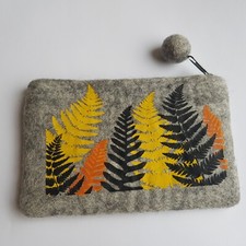 Wool Felted Art Purse Wallet Bag Fern Design Autumn Colour 18cm zipper lining