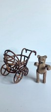 Handmade Wooden Jointed Teddy Bear With Wicker Victorian Baby Carriage Pram.