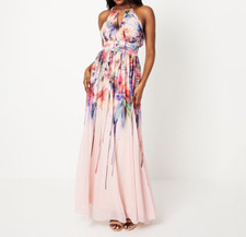 BNWT Coast Lightweight Printed Georgette Maxi Dress in Blush, Halter Neck, UK18