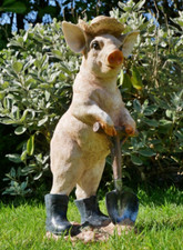 Digging Pig Garden Ornament with Spade Indoor Outdoor Decor Farmyard Statue