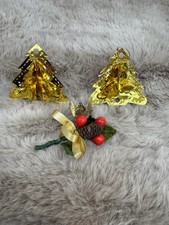 Vintage Metallic Foil Baubles Christmas Tree Decorations Retro Holly x3 80s/90s