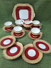 15 Piece Vintage Tea Set by Aynsley England, Red & Gold Bone China  C163
