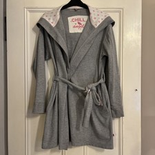 M&S Grey Pink Cotton Hooded Robe Dressing Gown Cotton * Pockets* Sz 10-12 Angel 