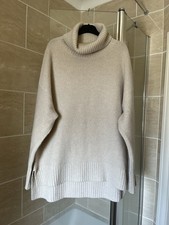 N Peal 100% Cashmere Roll Neck Jumper Size L Long Length Greyish Ivory Colour