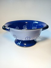Vintage Huta Silesia Polish Enamel Cobalt Blue & Black Trim 8 1/4" Colander