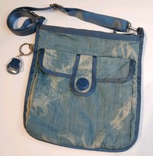 KIPLING Vintage 90s Acid Wash Denim Crossbody Bucket Bag Purse + Keychain