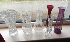 6x Cut Crystal & Glass Vase coloured  Bundle Various Sizes Vintage Vases Job Lot