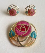 Vintage Cloisonne Rose Brooch & Earrings Rennie Mackintosh style Signed FISH