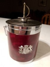 VINTAGE, 1970'S LEATHER COVERED, RETRO ICE BUCKET, CREST AND SWORD HANDLE THEME.