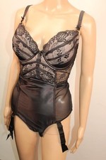 VTG  BLACK SILKY LIQUID SATIN SHEER & LACE UNDERWIRE BODY TEDDIE SUSPENDER 16-18