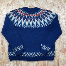 Vintage Hand Knit Nordic Style Fair Isle Jumper Navy Blue Sweater Medium