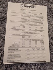 1989 Ferrari Price List Testarossa 412 3.2 Mondial & Cabriolet 328 GTS 328 GTB