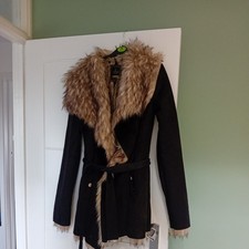 Lipsy Coat Size 10 Black With Fake Fur Collar
