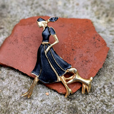 Vtg Lady With Dog Puppy Enamel Black Dress Accessories Costume Jewellery (J193)