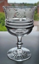 Antique Victorian  Cut Glass Ringed Goblet Engraved With Fruiting Grape & Vine