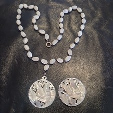 Costume Jewellery Necklace And Brooch Bird Faux Mother Of Pearl Set With Box