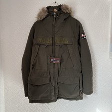 Napapijri Khaki Green Skidoo Open Jacket Full Zip Faux Fur Hood Size XL Winter