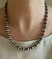8mm Modern Navajo Pearls Necklace, Sterling Silver Native American Bead Necklace
