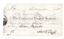 An early COMMERCIAL BANK of SCOTLAND cheque, issued 1855 in ELGIN.