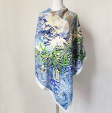 Ladies Blue Green Italian Art Scene Design Abstract Print Large Neck  Silk Scarf