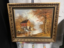 Vintage Robert More Framed Old Sawmill Oil On Canvas Painting Gilt Wood Frame